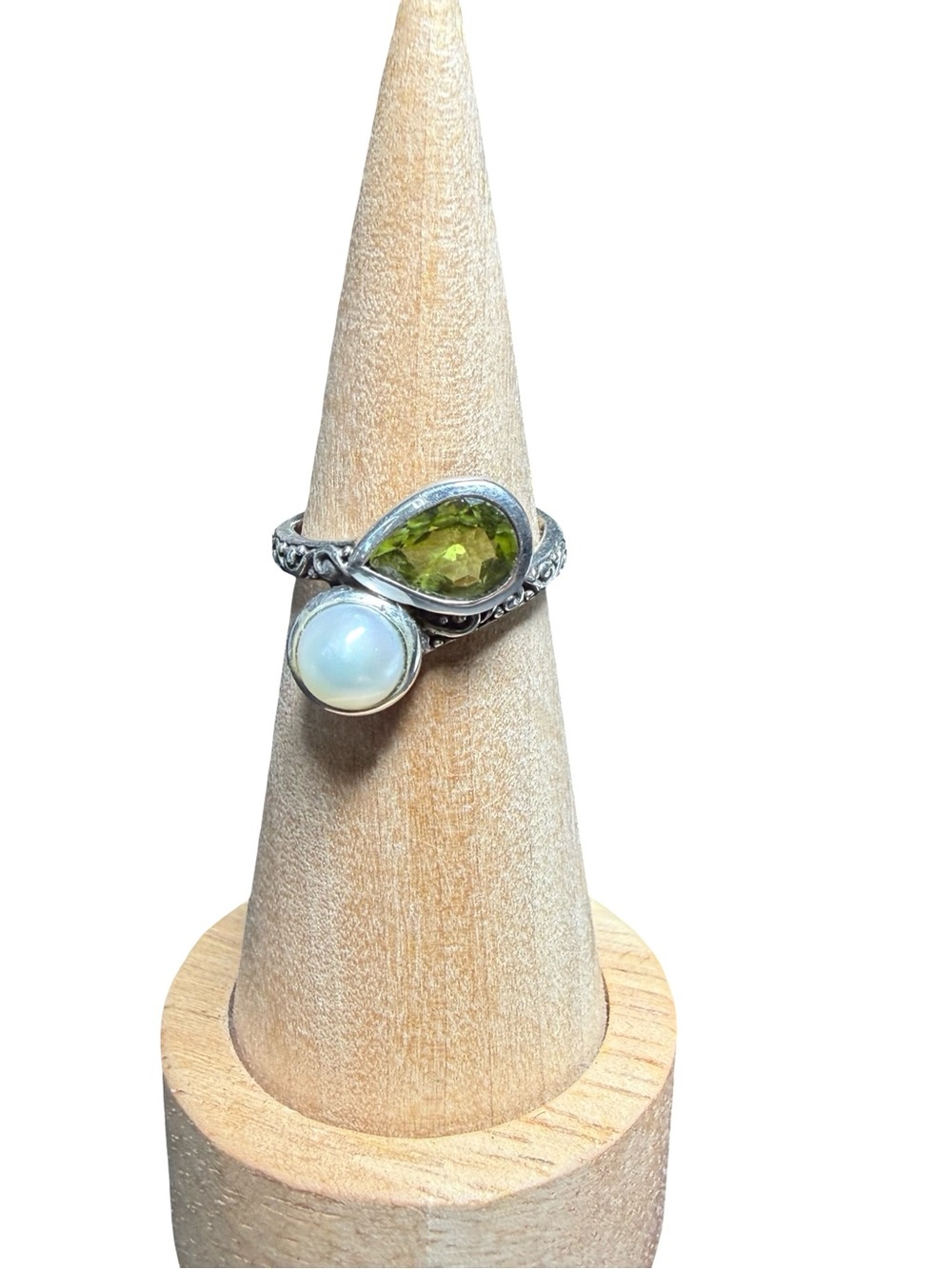 Samuel B. Sterling Ring with Green Peridot Teardrop and Opal Cabochon